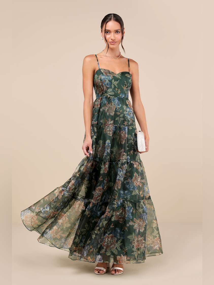 Lulus Exclusive Glamour Green Floral Organza Tiered Maxi Dress Xl